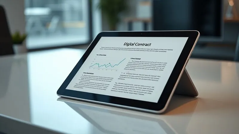 A photorealistic, professional photography, 8K, cinematic lighting, sharp focus, depth of field, shot on a high-end DSLR of a sleek, modern tablet displaying a digital contract with performance metrics highlighted. The screen shows a graph of athlete performance data alongside a bonus clause. Biometric data visualizations subtly overlay the screen, signifying advanced contract management and transparency. The setting is a minimalist, high-tech office.