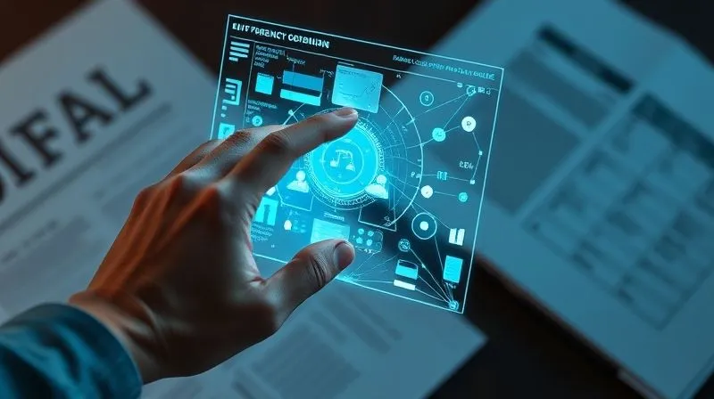 A photorealistic image of a glowing digital interface displaying complex data visualizations and network graphs, superimposed over a blurred image of legal documents. A hand is interacting with a holographic screen, symbolizing digital forensics and evidence analysis. The lighting is futuristic and sharp, emphasizing technological precision. 8K hyper-detailed, professional photography, shot on a high-end DSLR.