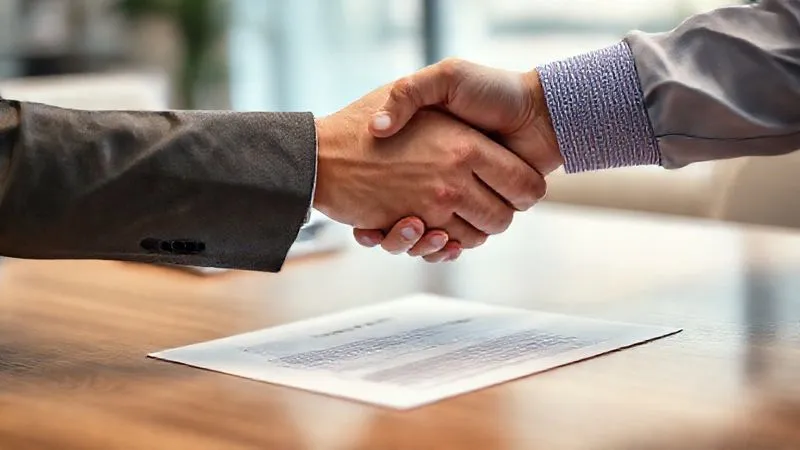 A photorealistic image of two hands, one wearing a professional suit sleeve and the other a more casual sleeve, shaking firmly over a legal document that subtly shows text related to 'debt agreement'. The setting is a modern, clean office with soft, diffused lighting, conveying mutual agreement and resolution. Sharp focus on the handshake and document, with a slight depth of field blurring the background.