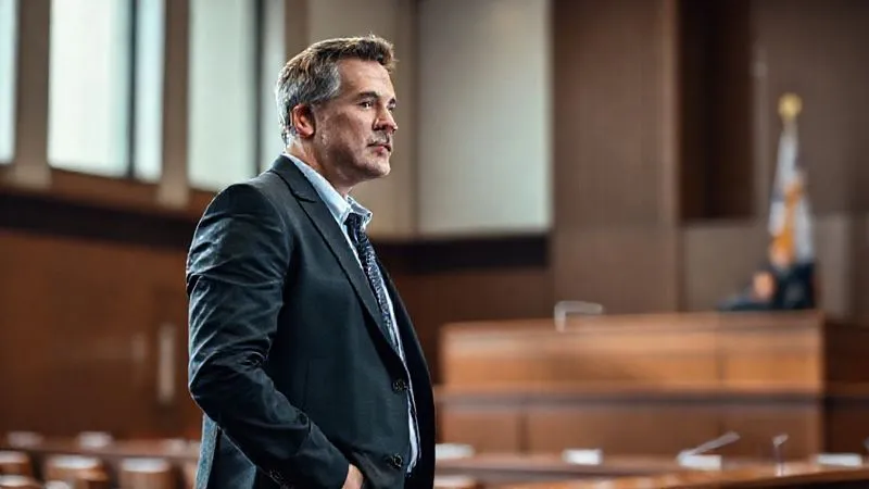 A photorealistic, professional photography, 8K, cinematic lighting, sharp focus, depth of field shot of a person, dressed in business casual attire, standing confidently and articulately speaking in a modern, slightly blurred courtroom setting. The judge's bench is visible but out of sharp focus, emphasizing the speaker's presentation. The lighting highlights the speaker's face, conveying sincerity and conviction. No text or logos are visible.