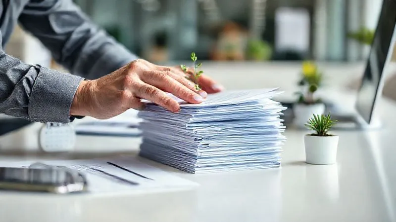 A photorealistic, professional photography, 8K, cinematic lighting, sharp focus, depth of field shot of a person's hands meticulously organizing a stack of financial documents, including a calendar and a small plant, on a clean, light-colored desk. The background shows a modern, bright office space, softly blurred. The focus is on the organized documents and hands, symbolizing careful financial planning and a clear path forward.