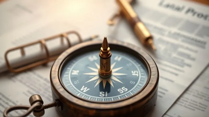 A photorealistic image of a finely crafted, antique wooden compass pointing true north, surrounded by blurred legal documents and a subtle glow, symbolizing clear direction and purpose for a non-profit. Professional photography, 8K, cinematic lighting, sharp focus on the compass, depth of field, shot on a high-end DSLR.