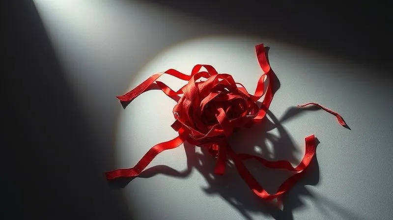 A photorealistic, high-angle shot of a complex, tangled knot made of red tape and legal documents, illuminated by a harsh, singular spotlight, casting long, dramatic shadows. It visually represents the bureaucratic challenges and potential pitfalls for a non-profit. Professional photography, 8K, cinematic lighting, sharp focus on the knot, depth of field, shot on a high-end DSLR.
