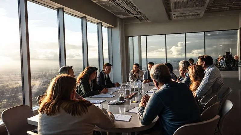 A photorealistic image of a diverse group of citizens gathered around a conference table with an agency official, actively participating in a public meeting, taking notes, and engaging in dialogue. Large windows show a clear, open sky, symbolizing transparency. Professional photography, 8K, cinematic lighting, sharp focus on the interactions, depth of field blurring the distant storm, shot on a high-end DSLR.