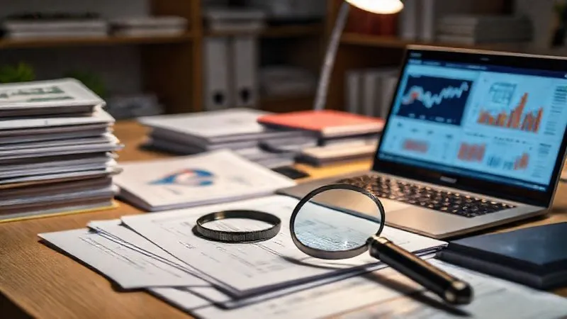 A photorealistic image of a meticulously organized desk with stacks of binders, data charts, a laptop displaying complex analytics, and a magnifying glass resting on a key document, all bathed in focused, task-oriented light. It conveys diligence and thoroughness. Professional photography, 8K, cinematic lighting, sharp focus on the central documents, depth of field blurring the periphery, shot on a high-end DSLR.