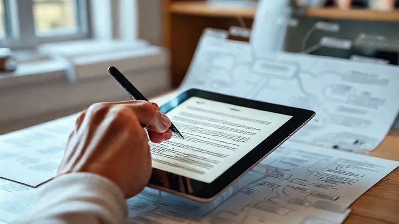 A photorealistic image of a complex legal document or policy paper being meticulously edited on a tablet, with a hand holding a stylus, surrounded by flowcharts and mind maps illustrating logical connections and clear reasoning. The scene is bright and orderly, emphasizing clarity. Professional photography, 8K, cinematic lighting, sharp focus on the tablet screen, depth of field blurring the background, shot on a high-end DSLR.