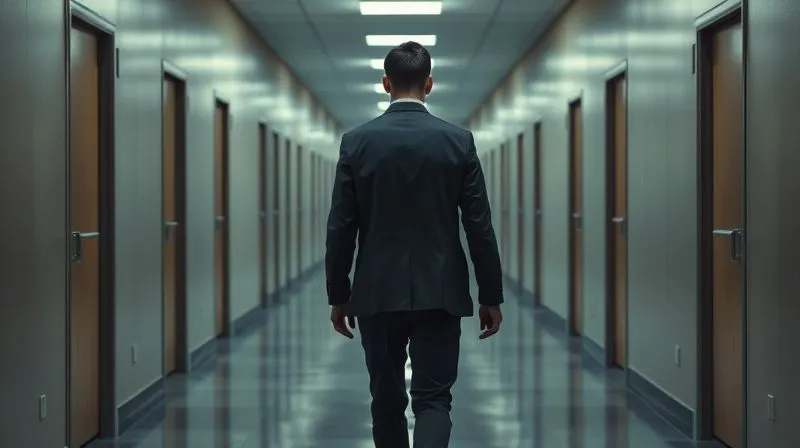 photorealistic, professional photography, 8K, cinematic lighting, sharp focus, depth of field, shot on a high-end DSLR. A lone figure walking down a long, empty, and slightly dimly lit corporate hallway, with closed office doors on either side, emphasizing feelings of isolation and exclusion in a professional setting. The focus is on the figure's slightly slumped shoulders, conveying quiet determination amidst a challenging environment.