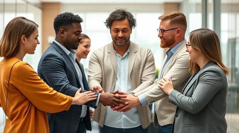 photorealistic, professional photography, 8K, cinematic lighting, sharp focus, depth of field, shot on a high-end DSLR. A diverse group of people standing together in a circle, hands gently touching shoulders, in a modern, light-filled office lobby. Their expressions are supportive and empathetic, symbolizing a strong professional and personal support network. The focus is on their connected hands and faces, conveying unity and mutual strength.