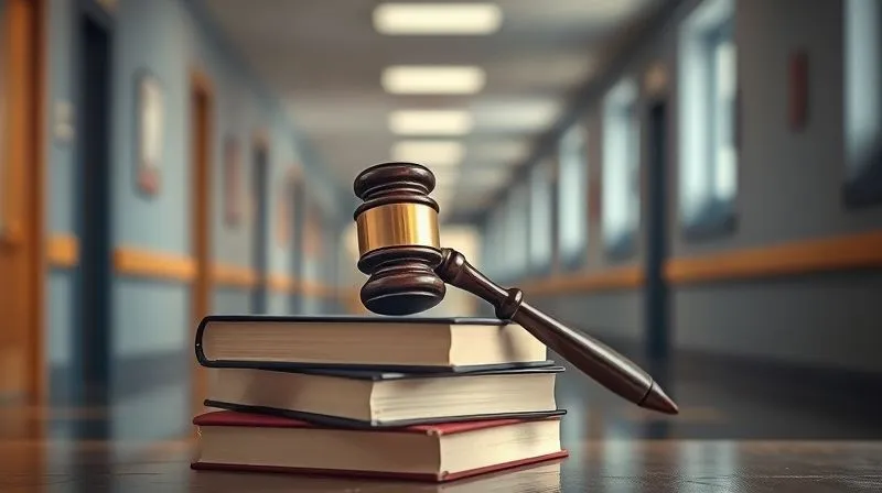A photorealistic image of a legal gavel resting on a stack of law books, with a blurred school hallway in the background, symbolizing the application of law in an educational setting. Cinematic lighting, sharp focus on the gavel, depth of field, 8K hyper-detailed, professional photography.