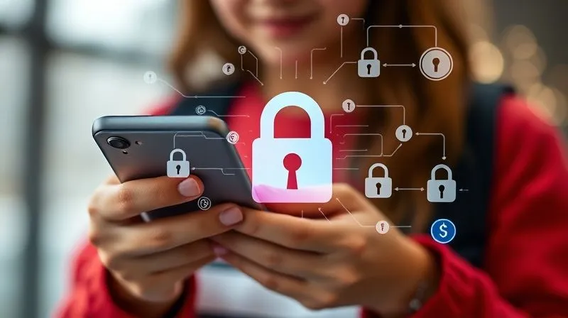 A photorealistic image of a blurred student holding a smartphone, with a transparent overlay of digital data streams and locks, symbolizing digital privacy and the complexities of device searches in schools. Cinematic lighting, sharp focus on the phone, depth of field, 8K hyper-detailed, professional photography.