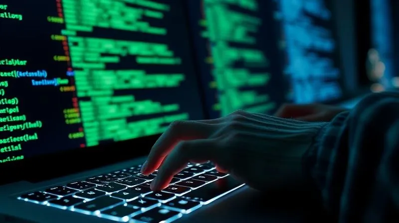 A close-up, photorealistic image of a hacker's hands rapidly typing on a glowing keyboard, with intricate lines of green and blue code flowing across multiple screens in the background, representing a digital threat. Professional photography, 8K, cinematic lighting, sharp focus on the hands and keyboard, depth of field blurring the background, shot on a high-end DSLR, conveying urgency and stealth.