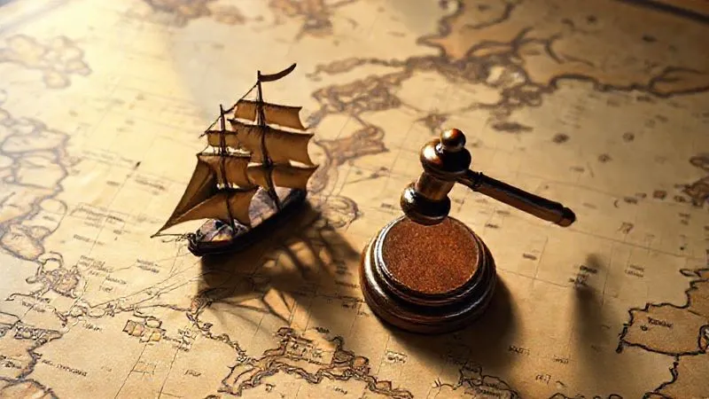 A photorealistic image of a detailed, antique maritime chart with several ships marked, and a single, subtle, glowing legal gavel symbol casting a shadow over one of the ships, indicating potential legal intervention. The chart is lit by cinematic lighting, sharp focus on the gavel and ship, with a shallow depth of field. 8K hyper-detailed, professional photography.