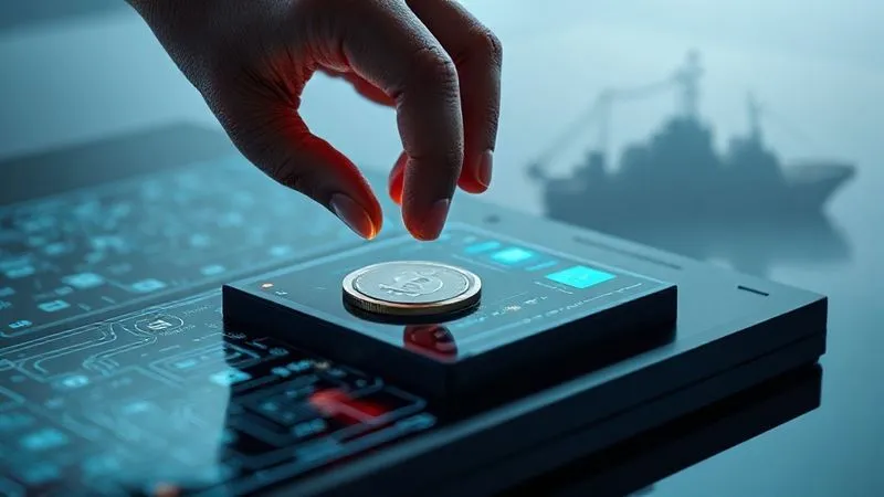 A photorealistic image of a secure, digital ledger displaying financial transactions, with a subtle overlay of a ship's silhouette in the background. A hand is carefully placing a digital coin into a secured slot on the ledger, symbolizing meticulous payment and financial protection. Cinematic lighting, sharp focus on the ledger, depth of field blurring the background. 8K hyper-detailed, professional photography.