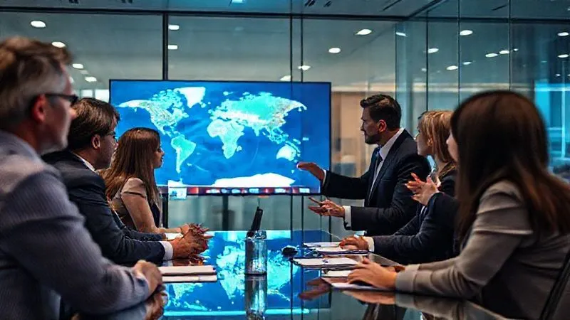 A photorealistic, professional photography, 8K, cinematic lighting, sharp focus, depth of field, shot on a high-end DSLR, of a diverse team of maritime legal professionals and P&I Club representatives in a modern, glass-walled conference room, intently discussing a digital projection of a global shipping route and a vessel's position. They are collaborating, gesturing towards the screen, conveying a sense of urgent, expert problem-solving and strategic planning to protect maritime assets.