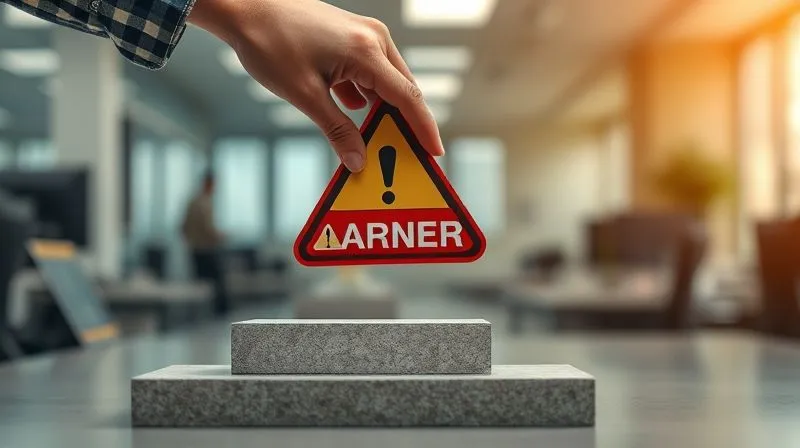 photorealistic, professional photography, 8K, cinematic lighting, sharp focus, depth of field, shot on a high-end DSLR, a hand carefully placing a red warning sign on a series of escalating steps, symbolizing progressive disciplinary action, with a blurred office background, conveying a methodical and serious process.
