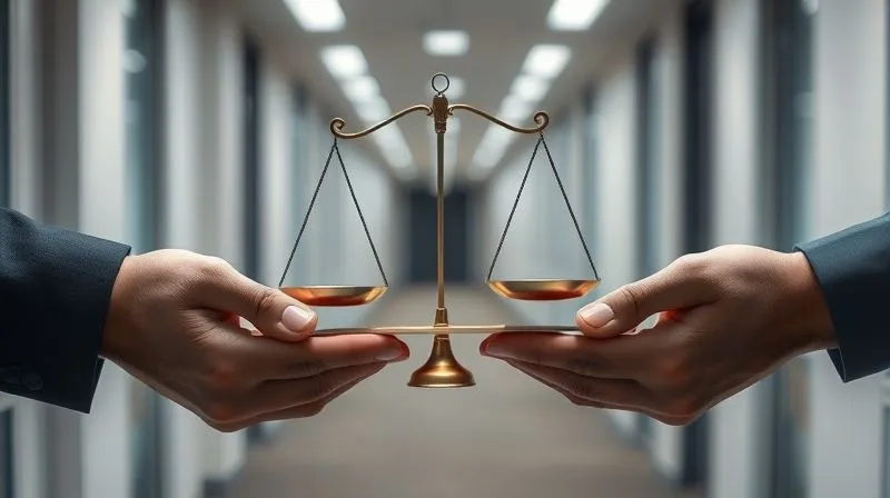 photorealistic, professional photography, 8K, cinematic lighting, sharp focus, depth of field, shot on a high-end DSLR, two hands carefully balancing a small, delicate scale, with one side representing 'employee grievance' and the other 'company policy', set against a softly blurred background of office corridors, conveying the careful balance of an appeal process.