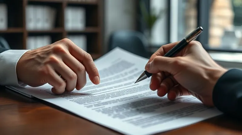 photorealistic, professional photography, 8K, cinematic lighting, sharp focus, depth of field, shot on a high-end DSLR, a hand pointing to a complex legal document, highlighting a critical clause, while another hand holds a pen, in a professional, modern law office setting, conveying meticulous legal review and consultation.
