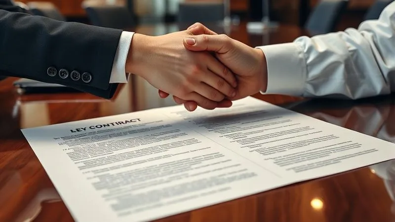 A photorealistic, close-up shot of hands shaking over a meticulously detailed legal contract spread open on a polished boardroom table, with key clauses highlighted. Cinematic lighting, sharp focus on the contract text, depth of field blurring the background, 8K hyper-detailed.