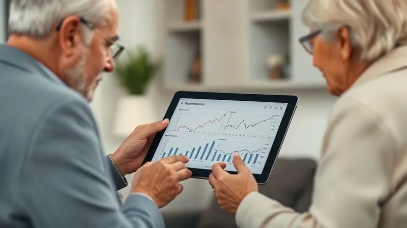A photorealistic image of a financial advisor explaining a chart to an elderly couple, with a focus on a digital tablet displaying complex financial instruments like annuities and promissory notes. The scene is professional and reassuring, with soft, cinematic lighting. Professional photography, 8K, cinematic lighting, sharp focus, depth of field, shot on a high-end DSLR.