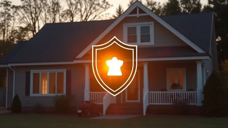 A photorealistic image of a cozy, well-maintained home with a symbolic shield superimposed over it, representing asset protection and security. The sun is setting, casting warm, reassuring light. Professional photography, 8K, cinematic lighting, sharp focus, depth of field, shot on a high-end DSLR.