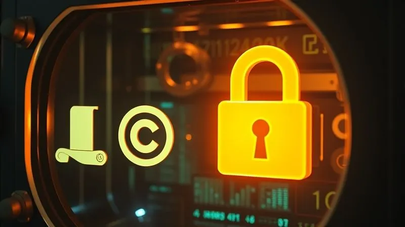 A photorealistic, detailed rendering of various glowing intellectual property symbols (a patent scroll, a copyright 'C' symbol, a trademark 'R' symbol, a padlock for trade secrets) meticulously arranged and protected within a transparent, secure digital vault. The vault is partially open, revealing a complex network of data streams. cinematic lighting, 8K, sharp focus, depth of field, professional photography, shot on a high-end DSLR.
