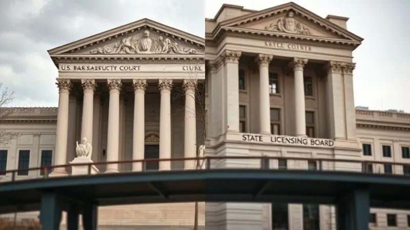 A photorealistic, split image showing two distinct halves: one side depicts a federal courthouse with 'U.S. Bankruptcy Court' subtly visible, the other side shows a classic state government building with 'State Licensing Board' signage. A symbolic, slightly blurred bridge connects them, highlighting the complex intersection. Professional photography, 8K, cinematic lighting, sharp focus, depth of field, shot on a high-end DSLR.