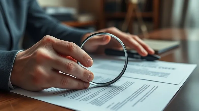 A photorealistic image of a person's hands carefully reviewing legal documents and a professional license, with a magnifying glass over a specific clause. The setting is a well-organized, slightly austere office, conveying diligence and attention to detail. Professional photography, 8K, cinematic lighting, sharp focus, depth of field, shot on a high-end DSLR.