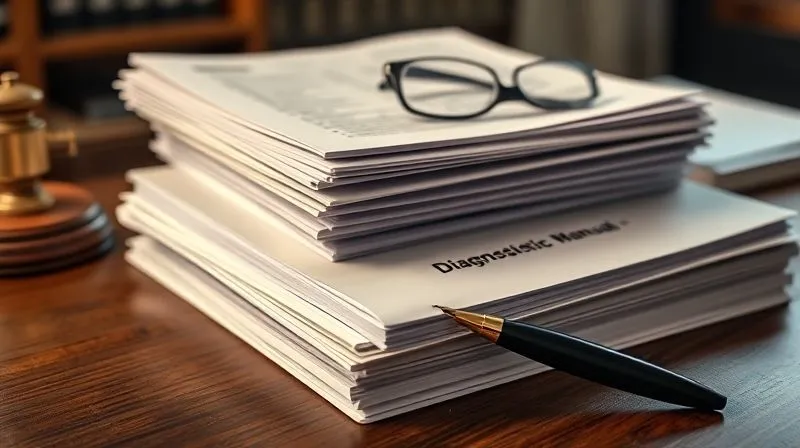 photorealistic, professional photography, 8K, cinematic lighting, sharp focus, depth of field, shot on a high-end DSLR, a stack of medical records and a diagnostic manual (like DSM-5) on a lawyer's desk, with a pen and glasses, conveying meticulous documentation.