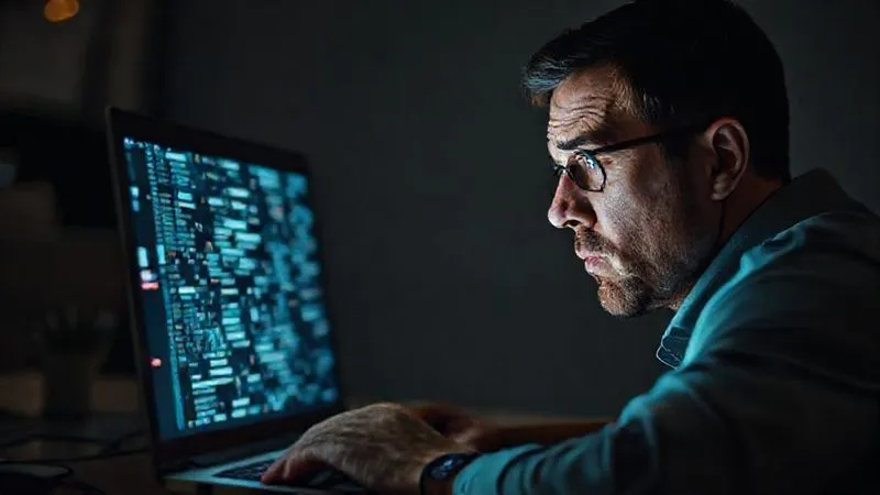 A photorealistic image of a person staring frustratedly at a laptop screen filled with fragmented, unorganized digital data, representing the challenge of collecting evidence. Low-key cinematic lighting, sharp focus on the screen and the person's expression, depth of field blurring the background. 8K hyper-detailed, professional photography, shot on a high-end DSLR.