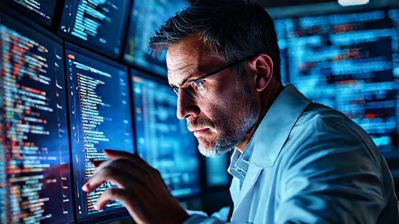 A photorealistic image of a digital forensic expert meticulously examining lines of code and network diagrams on multiple high-resolution monitors, with a focused, intense expression. Cinematic lighting highlights the screens and the expert's face, sharp focus, depth of field blurring the background. 8K hyper-detailed, professional photography, shot on a high-end DSLR.