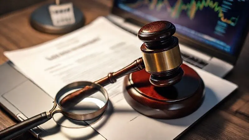 A photorealistic image of a legal document with a gavel resting on it, surrounded by a laptop showing e-commerce data and a magnifying glass, symbolizing the legal process of resolving digital fraud. Professional photography, sharp focus on the gavel and document, depth of field blurring the background, 8K, cinematic lighting, shot on a high-end DSLR.