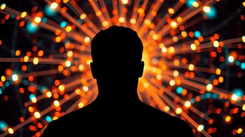 A photorealistic, professional photography, 8K, cinematic lighting, sharp focus, depth of field, shot on a high-end DSLR, depicting a silhouette of a person in front of a glowing, complex network of digital connections and data streams, symbolizing the anonymity and complexity of online fraud.