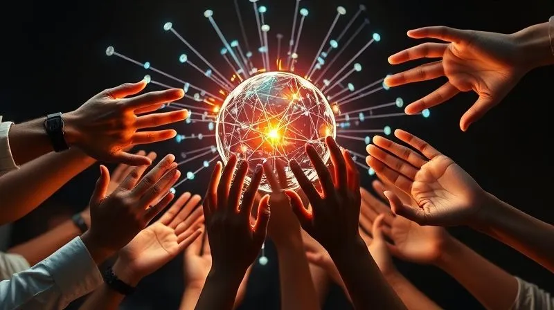 A photorealistic, professional photography, 8K, cinematic lighting, sharp focus, depth of field, shot on a high-end DSLR, depicting multiple hands, diverse in age and ethnicity, reaching towards a central glowing orb of interconnected digital evidence and data points, symbolizing collective action against online fraud.
