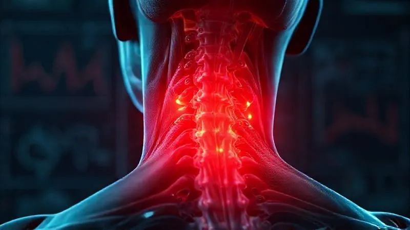 A photorealistic, professional photography, 8K, cinematic lighting, sharp focus, depth of field, shot on a high-end DSLR image of a cross-section of neck muscles and ligaments, with subtle, glowing red areas indicating microscopic inflammation and micro-tears, illustrating the delayed onset of pain. The background is slightly blurred, suggesting medical diagrams.