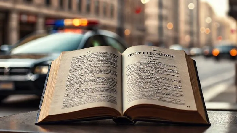 Photorealistic image of a vintage law book titled 'Constitutional Law' open to a page discussing the Fourth Amendment, with a subtle, blurred background of a police car in a city street, emphasizing the intersection of law and enforcement. Cinematic lighting, sharp focus on the book, 8K hyper-detailed.