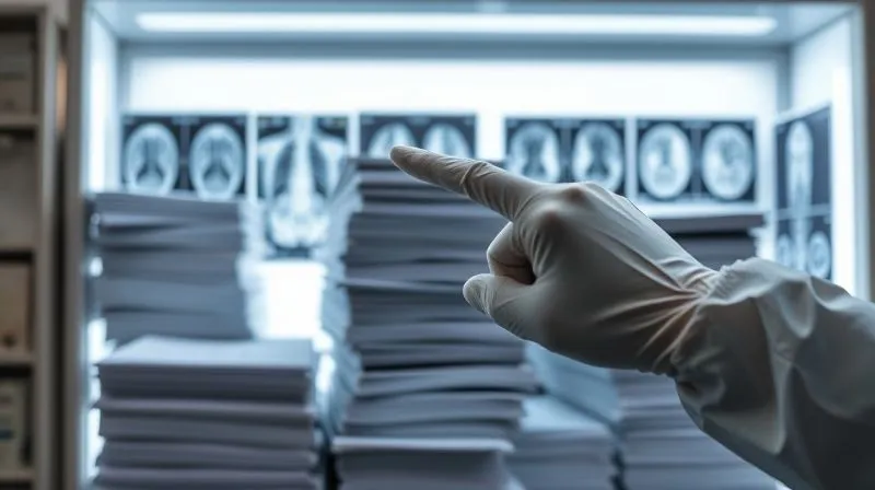 A photorealistic image of stacks of neatly organized medical files and diagnostic images (X-rays, MRI scans) on a large, illuminated light box in a medical records room. A gloved hand points to a specific detail on an MRI. Professional photography, 8K, cinematic lighting, sharp focus, depth of field, shot on a high-end DSLR.