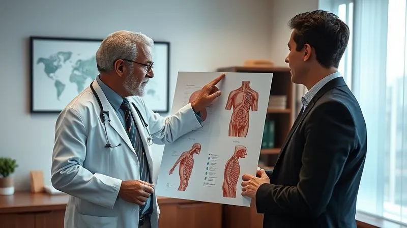 A photorealistic image of a medical expert pointing to an area on a detailed anatomical diagram, discussing with a lawyer, in a well-lit, professional medical office. Professional photography, 8K, cinematic lighting, sharp focus, depth of field, shot on a high-end DSLR.