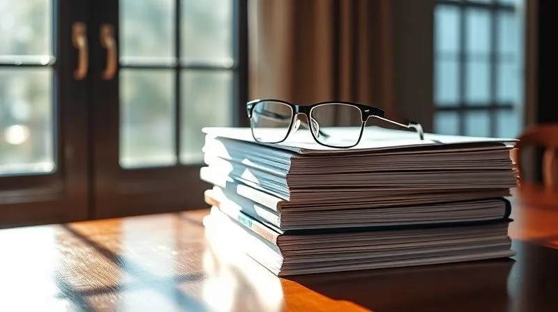 A photorealistic image of a stack of legal files and medical binders on a polished wooden desk, with a pair of reading glasses resting on top, signifying meticulous review. Sunlight streams through a window, illuminating dust motes. Professional photography, 8K, cinematic lighting, sharp focus, depth of field, shot on a high-end DSLR.