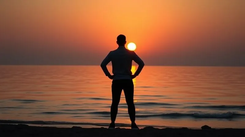 A photorealistic image of a hopeful sunrise over a calm body of water, with a silhouette of a person standing confidently on the shore, symbolizing resolution and a new beginning after overcoming challenges. Professional photography, 8K, cinematic lighting, sharp focus, depth of field, shot on a high-end DSLR.