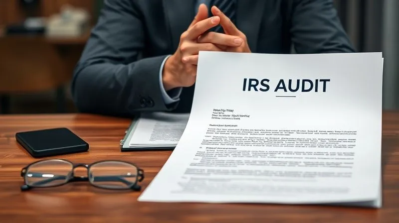 A photorealistic image of a stark, official IRS audit letter prominently displayed on a wooden desk, with a pair of reading glasses nearby and a slightly blurred, worried non-profit executive in the background, hands clasped, conveying concern and the weight of the situation. Cinematic lighting, 8K, sharp focus, depth of field, professional photography, shot on a high-end DSLR.