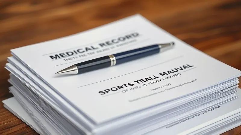A photorealistic, professional photography, 8K, cinematic lighting, sharp focus, depth of field, shot on a high-end DSLR, of a stack of medical records and a sports team's policy manual, with a pen resting on top, suggesting meticulous legal review and the weight of documentation in a negligence case. The scene should evoke diligence and investigation.