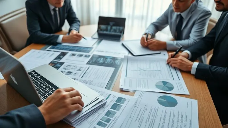 A photorealistic, professional photography shot of a legal team meticulously reviewing a stack of medical charts and diagnostic images spread across a conference table, with a laptop displaying accident reconstruction data. Cinematic lighting, sharp focus on the documents, depth of field blurring the background, 8K hyper-detailed.