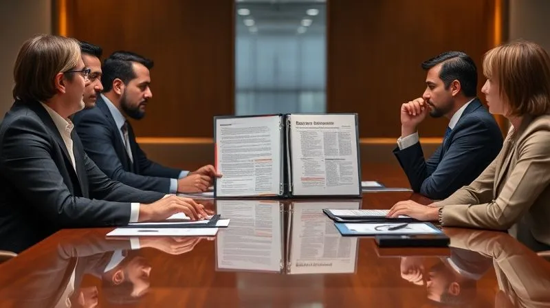 A photorealistic, professional photography shot of two legal teams intensely negotiating across a polished conference table, with one side presenting a detailed binder of medical evidence and the other side showing signs of contemplation. Cinematic lighting, sharp focus on the negotiating parties, depth of field blurring the background, 8K hyper-detailed.
