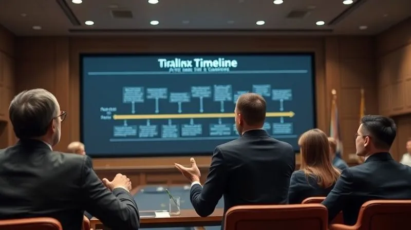 A photorealistic, professional photography shot of a trial lawyer passionately presenting a clear, compelling timeline on a large screen in a modern courtroom, with the jury attentively listening. The timeline visually connects a significant event to subsequent medical conditions and life impacts. Cinematic lighting, sharp focus on the lawyer and screen, depth of field blurring the background, 8K hyper-detailed.