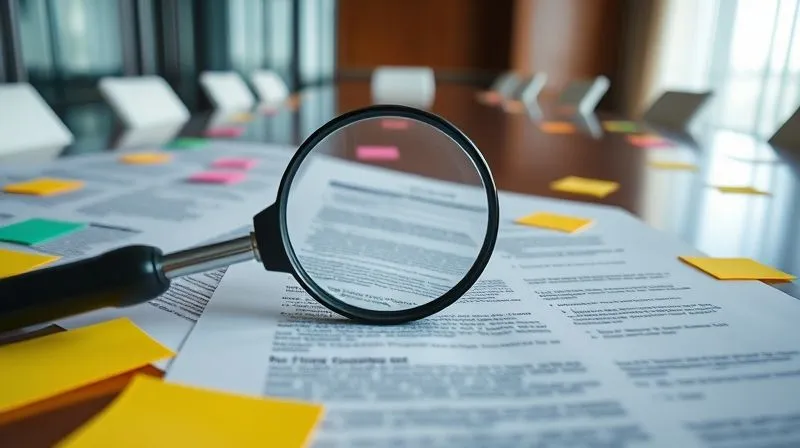 A photorealistic, professional photography shot of a complex commercial real estate contract spread open on a large conference table, with multiple colored sticky notes marking specific clauses. A magnifying glass is resting on a particularly dense section of text, illuminated by cinematic lighting, 8K hyper-detailed, sharp focus on the document, with a shallow depth of field, conveying complexity and detailed scrutiny.