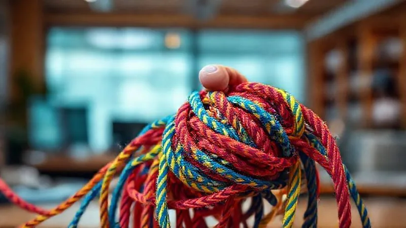 photorealistic, professional photography, 8K, cinematic lighting, sharp focus, depth of field, shot on a high-end DSLR. A tangled knot of brightly colored ropes, symbolizing complex and intractable problems, with a single, strong hand beginning to carefully untie one strand. The background is a blurred, warm-toned office setting, suggesting a difficult but solvable challenge.