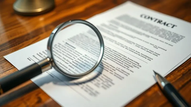 A close-up, photorealistic image of a meticulously drafted legal contract, with a magnifying glass hovering over a clause, emphasizing clarity and detail. The contract is open on a polished wooden desk, with a pen nearby. Cinematic lighting, sharp focus, 8K, professional photography.