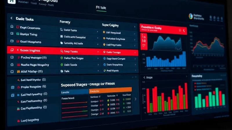 A photorealistic, professional image of a digital project management dashboard displaying various tasks, some highlighted in red indicating scope changes or delays. The dashboard features clear data visualization, charts, and progress bars. Cinematic lighting, 8K, sharp focus.