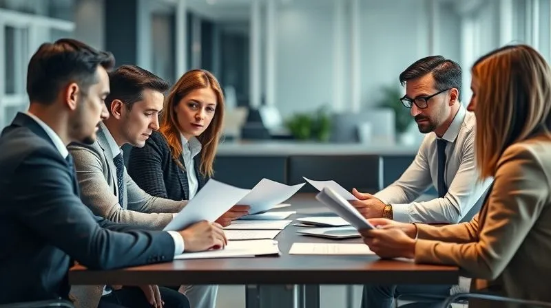 A photorealistic image of a diverse group of professionals (HR, legal, manager) gathered around a conference table, intently discussing documents and notes. The atmosphere is serious and collaborative, with a focus on problem-solving. Cinematic lighting, sharp focus on their faces and documents, depth of field blurring the modern office background, 8K hyper-detailed, shot on a high-end DSLR.