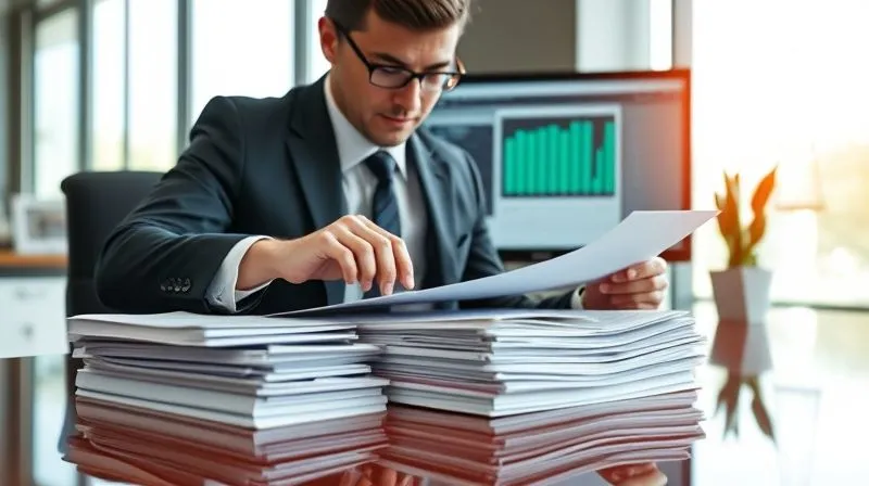 A photorealistic image of a legal professional (male or female) wearing smart business attire, carefully organizing and reviewing a stack of digital and physical timecards and payroll documents on a polished desk. The setting is a modern, well-lit office, with a computer screen displaying compliance software in the background. Cinematic lighting highlights the meticulous nature of the task, with sharp focus on the documents and a shallow depth of field, 8K hyper-detailed, professional photography, shot on a high-end DSLR.